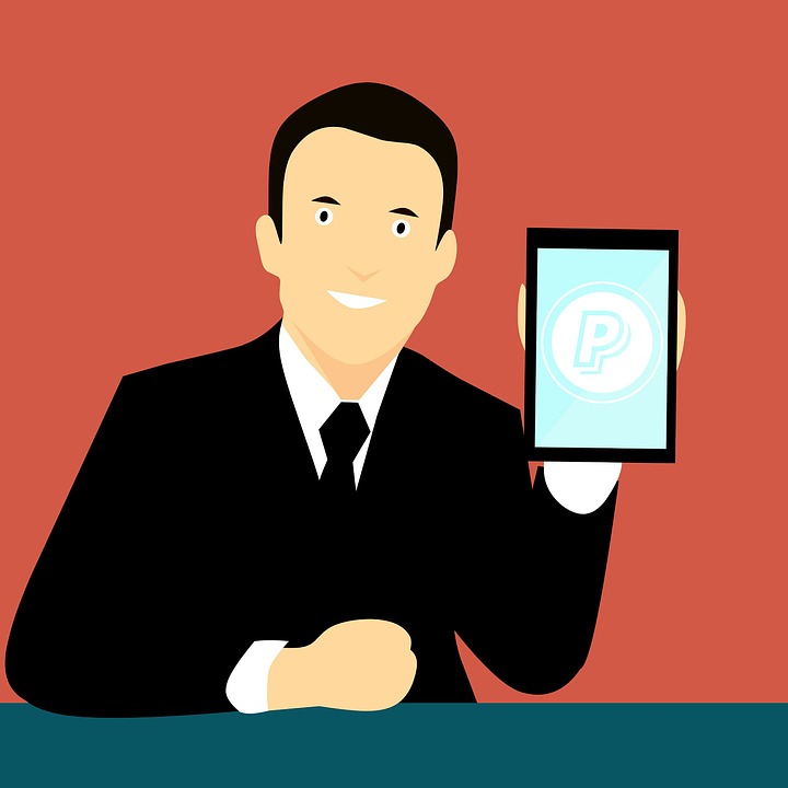 Vector image of man holding a phone with paypal logo