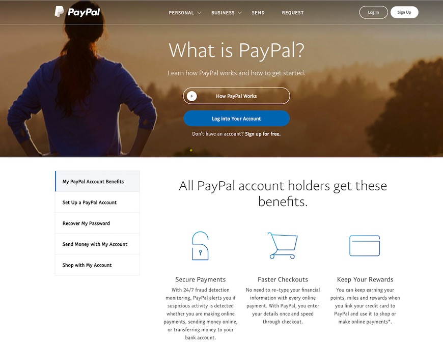 Screenshot of the PayPal website, a method you can use at online sportsbooks