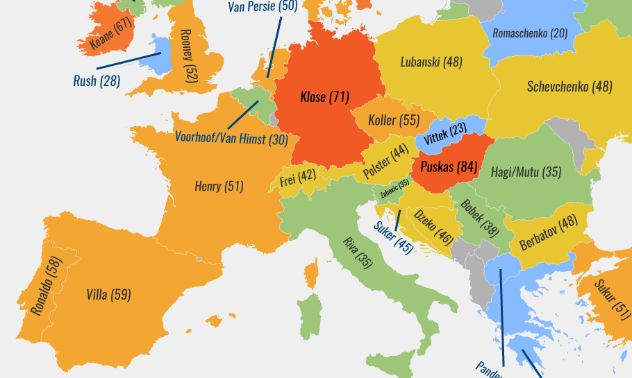 This Map Shows the Top International Football Scorers per Country in Europe