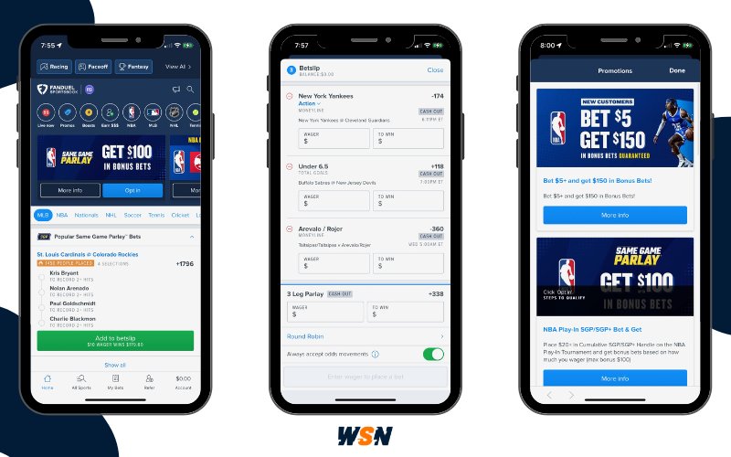 FanDuel Sportsbook app screenshots from our testing; showing the home screen, betslip, and promotions section.