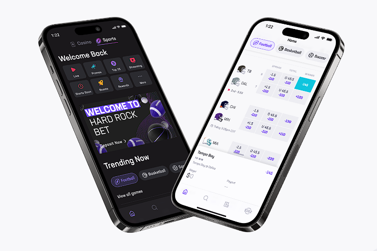 Hard Rock Bet sportsbook phone app on two phones