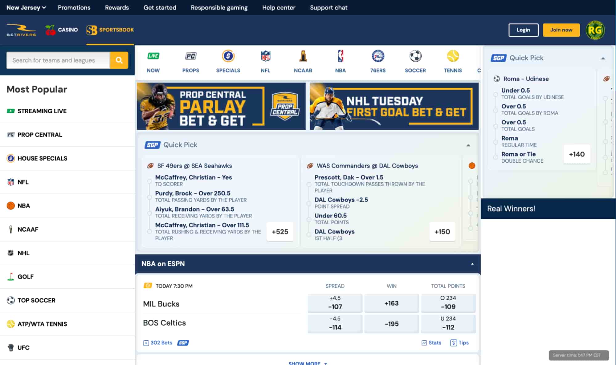 BetRivers NJ Sportsbook interface featuring betting markets, odds, and promotions