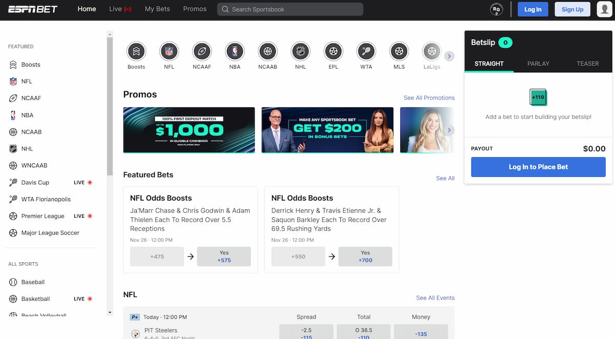 Showcase of ESPN Bet desktop version