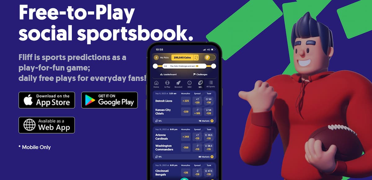 Fliff Social Sportsbook Webpage featuring a cartoon man with a football, phone with Fliff open, and icons of platforms where it's available