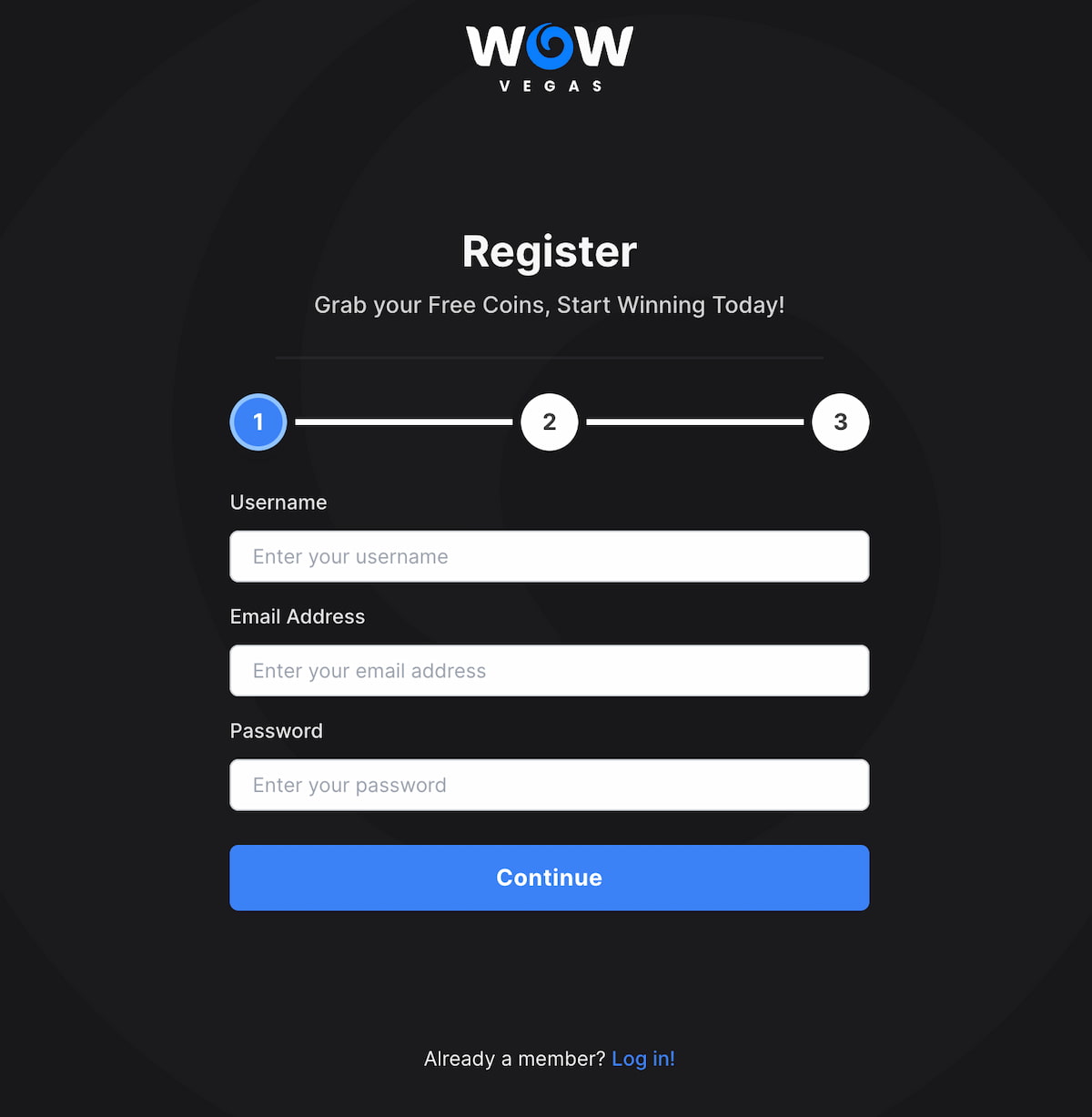 Wow Vegas Registration Step