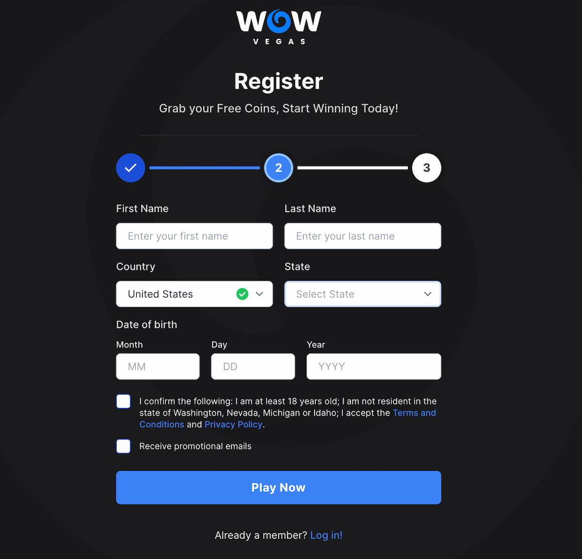 Wow Vegas registration step two