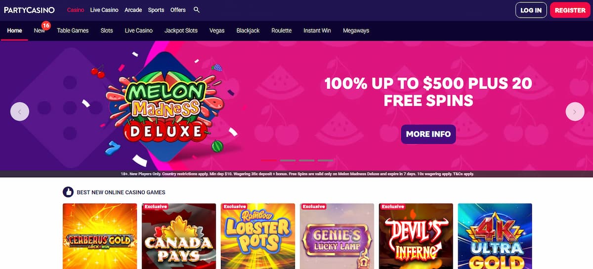 Party Casino home page with promo offer and slot games