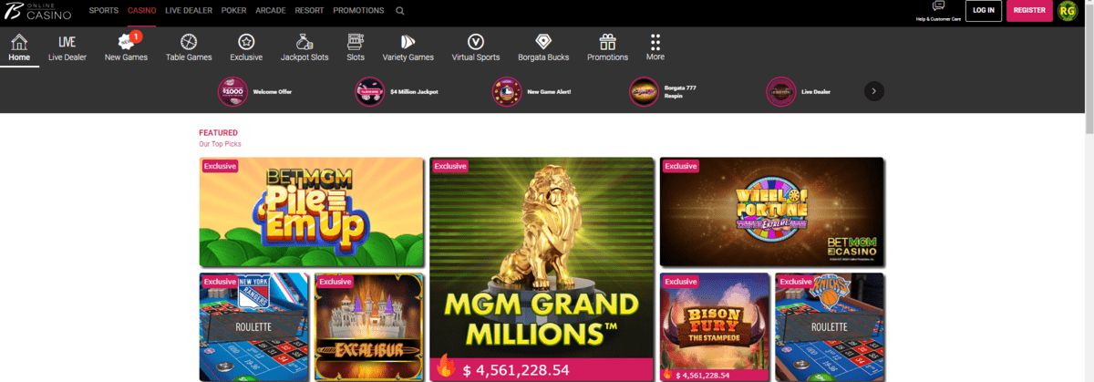 Borgata casino home page with top games