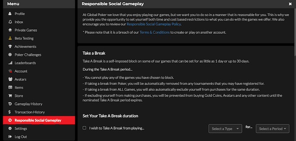 Global Poker responsible gameplay