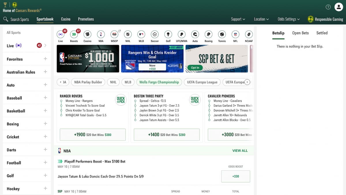 Caesars NJ sportsbook interface featuring betting markets, odds, and promotions