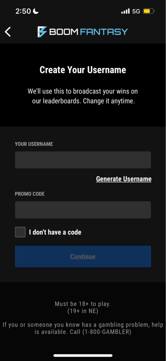 boom fantasy user name creation