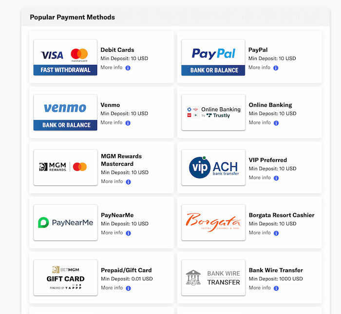 BetMGM Debit Cards Payment Options