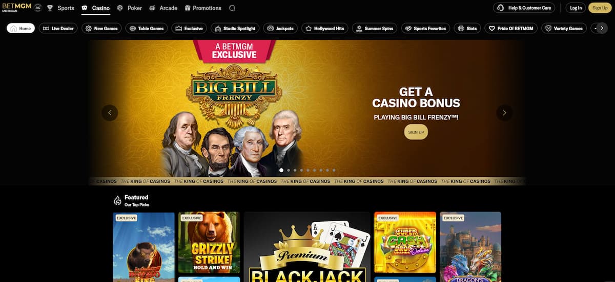 BetMGM Casino homepage with feature games