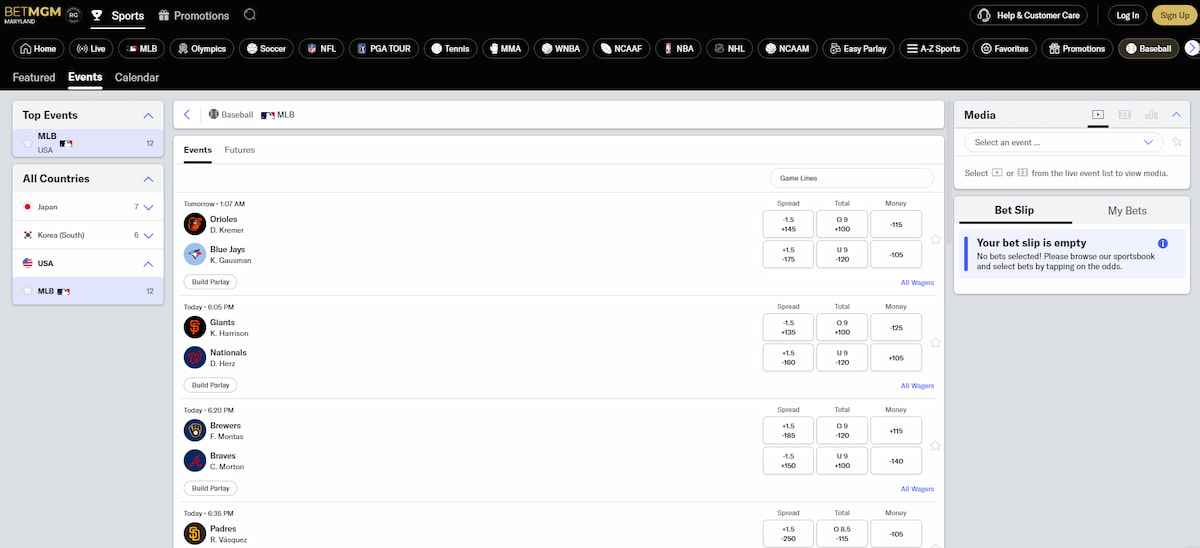 BetMGM Maryland sportsbook interface featuring betting markets, odds, and promotions