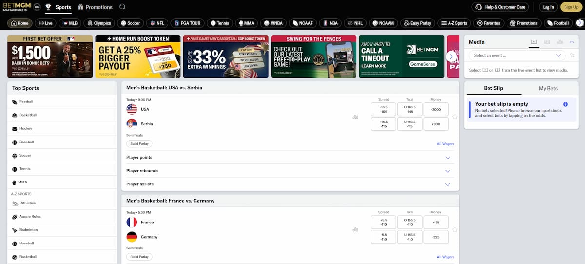 BetMGM Massachusetts sportsbook interface featuring betting markets, odds, and promotions