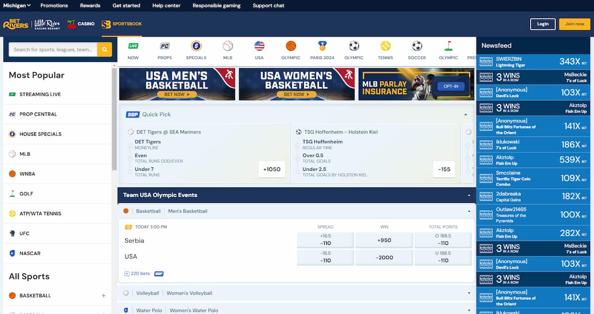 BetRivers Michigan sportsbook interface featuring betting markets, odds, and promotions