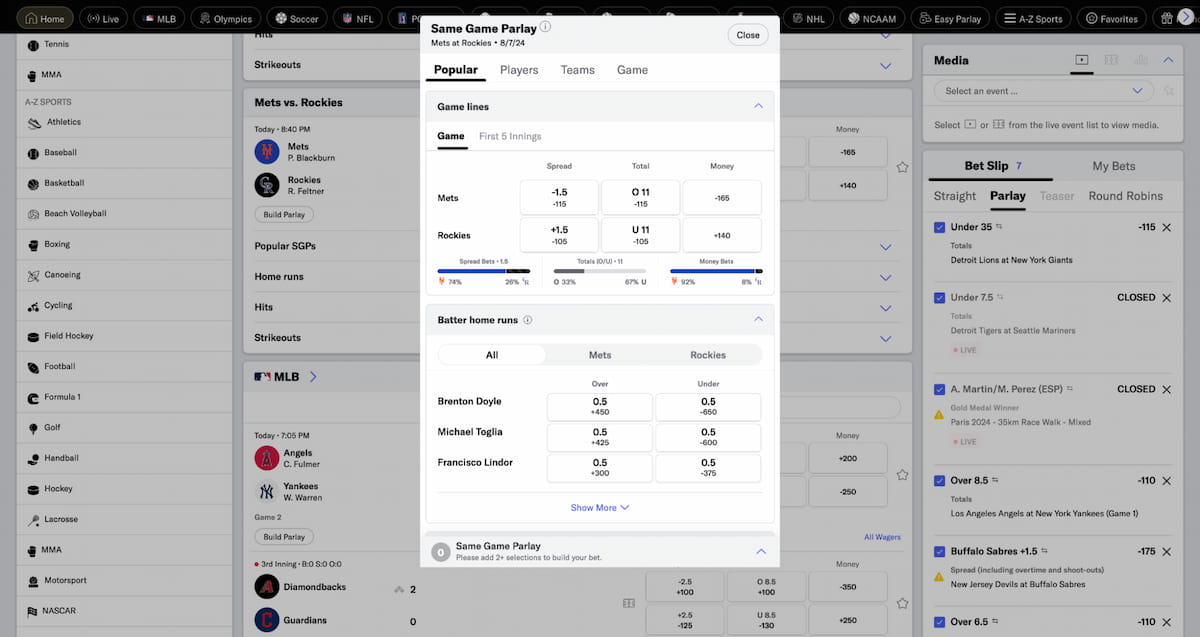 BetMGM Same-Game Parlay Builder