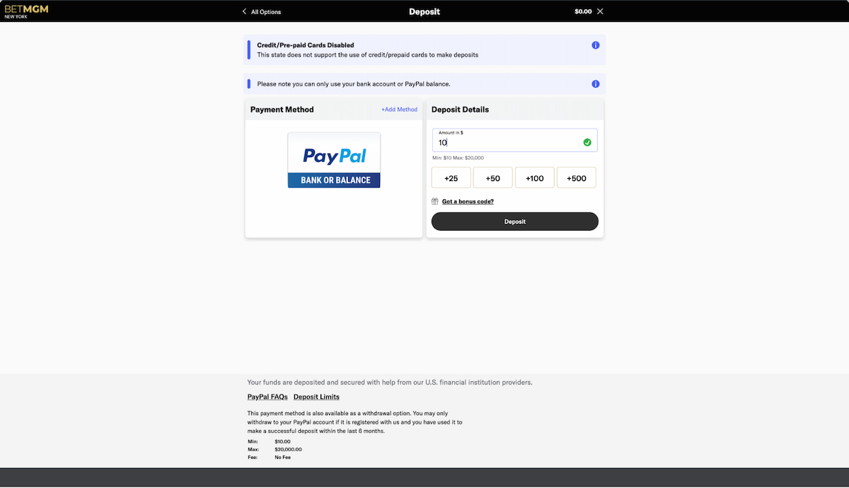 BetMGM PayPal payment processing interface