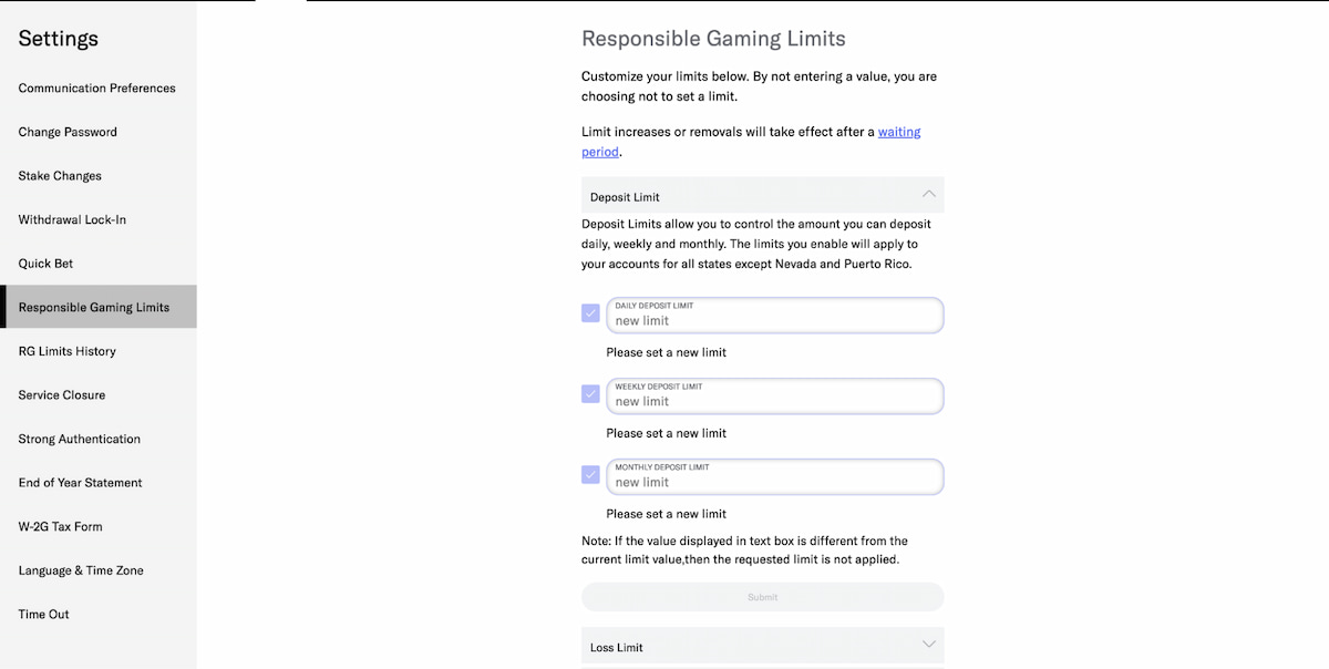 BetMGM Responsible Gambling Limits menu and options