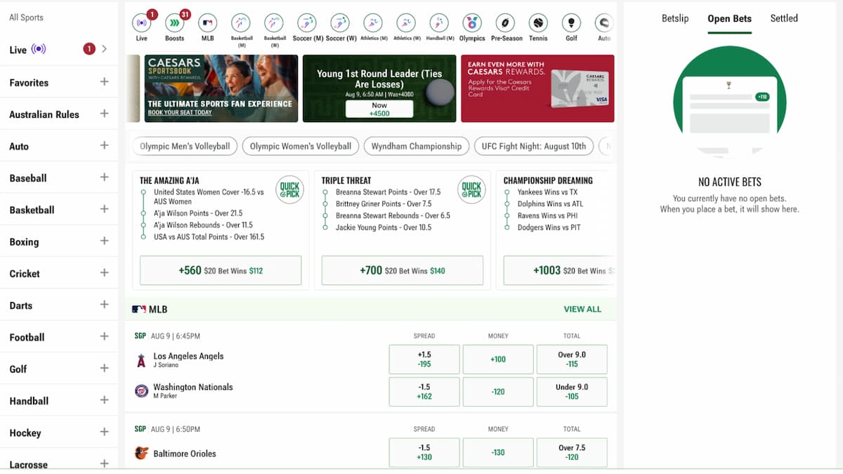 Caesars Sportsbook main interface with promo offers and betting markets