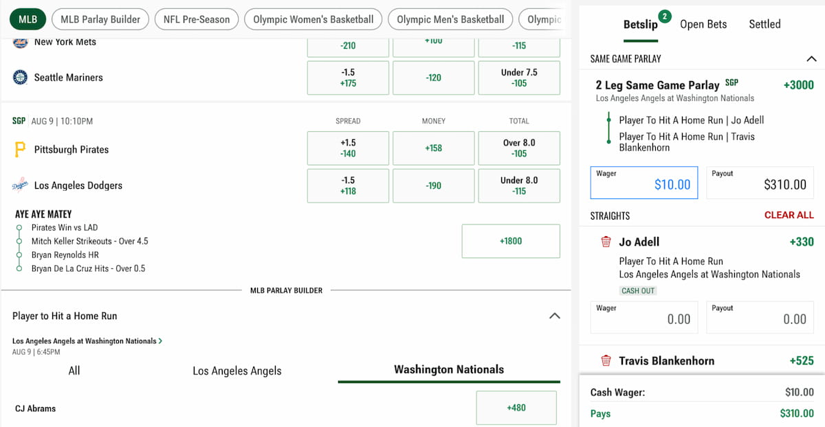 Caesars Sportsbook Parlay Builder with odds and options