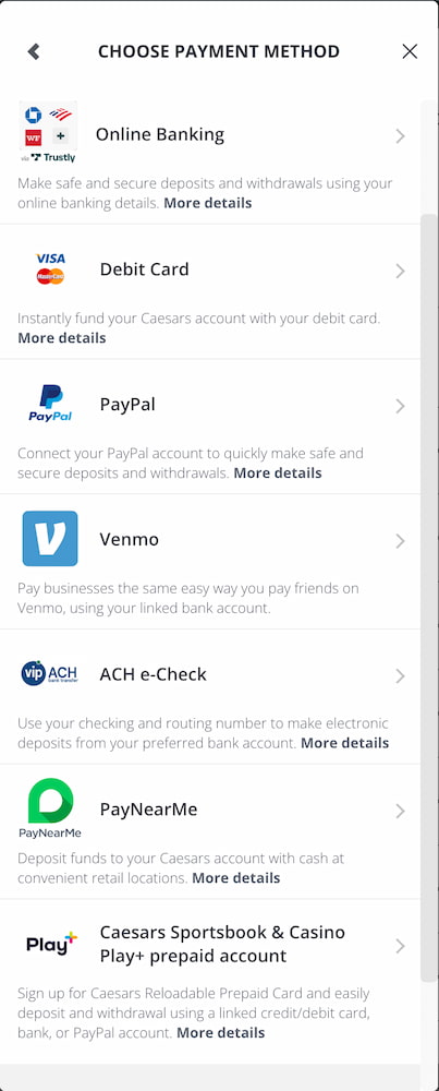 Caesars Sportsbook Payment Methods