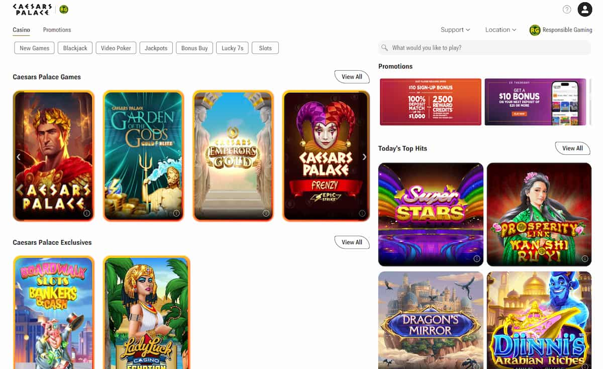 Caesars Palace Casino homepage with games