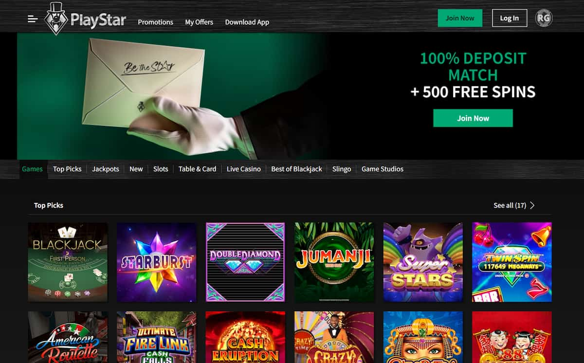 PlayStar Casino homepage with welcome bonus and top games