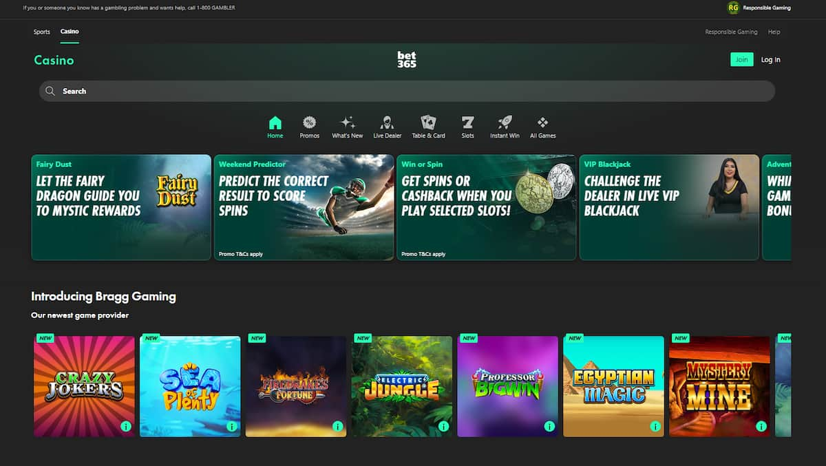 bet365 Casino homepage with feature promotions and games from Bragg gaming