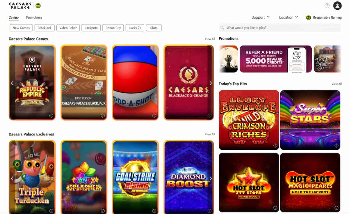 Caesars Palace Casino NJ homepage with exclusive and featured games prominently displayed on the field and with refer a friend casino promo shown in the top right corner.