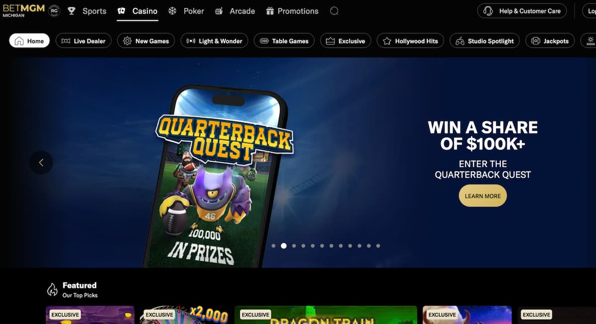 BetMGM Casino homepage with specil quarterback quest casino promo offer