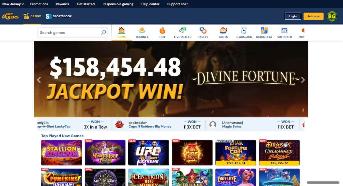 BetRivers NJ Casino homepage with divine fortune jackpot promo win banner