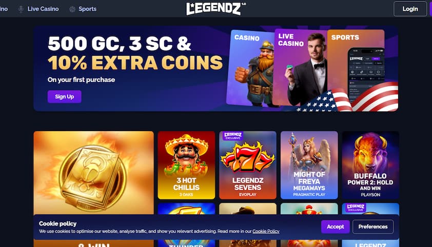 Legendez Casino homepage with promo offer