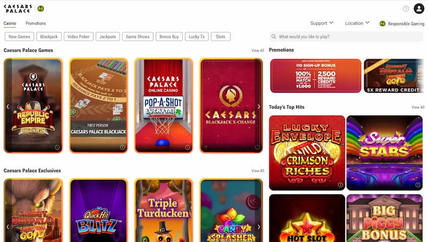 Caesars Palace online casino homepage with exclusive games