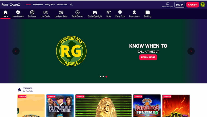 PartyCasino homepage with responsible gambling banner and feature games