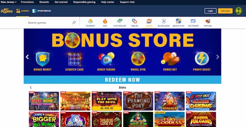 BetRivers Casino NJ homepage with banner for bonus shop followed by featured BetRivers slots