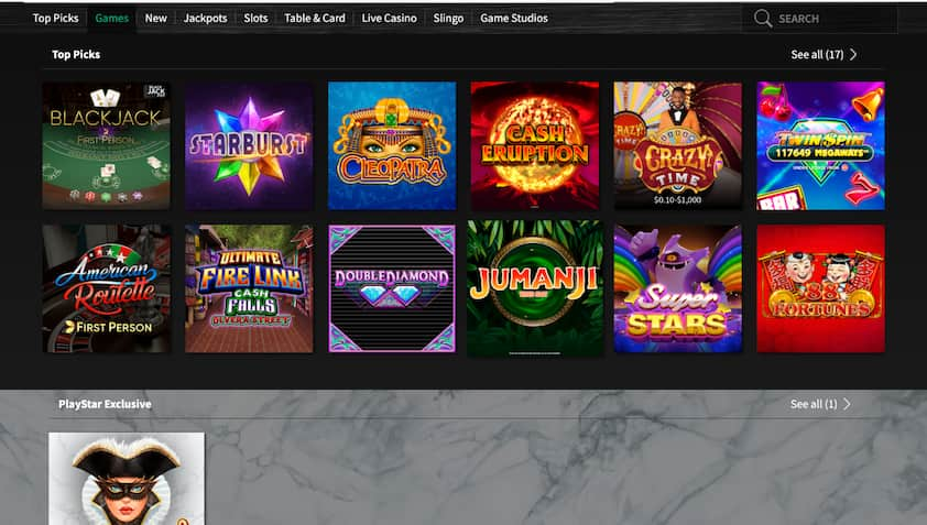 PlayStar Casino top pick games including slot and table games