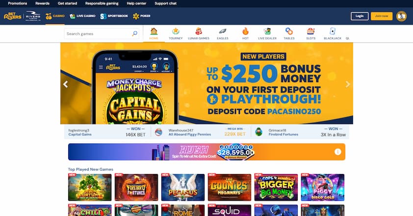 BetRivers Casino homepage with a PA bonus offer and top played new games