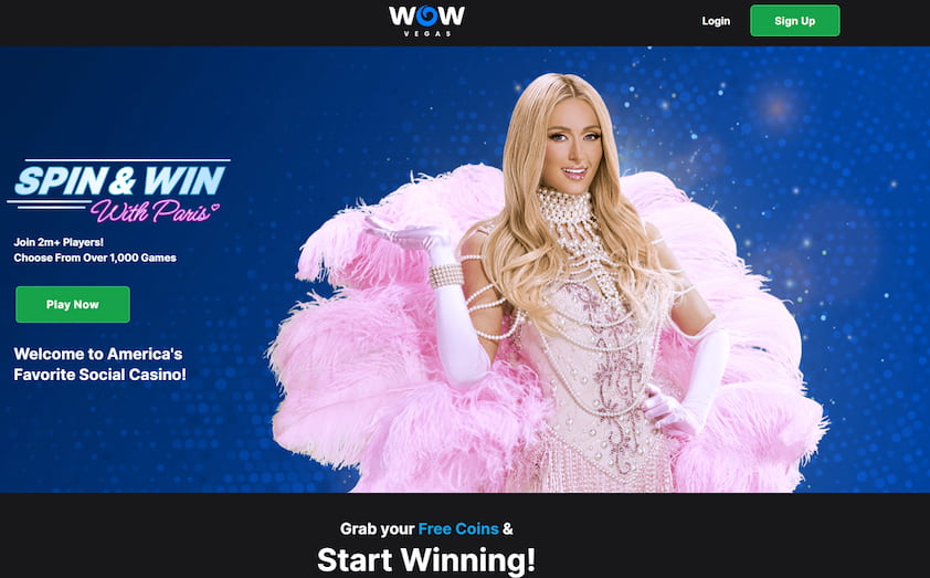 Wow Vegas New Jersey homepage with Paris Hilton in a pink dress