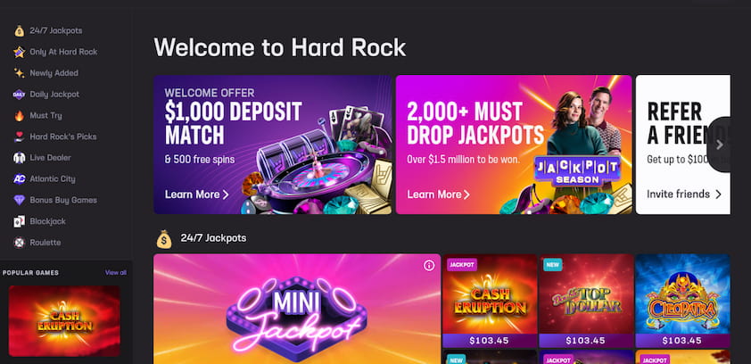 Hard Rock Bet Casino desktop homepage with promo banners on a carousel and 24/7 jackpots displayed below, and casino menu on the left side