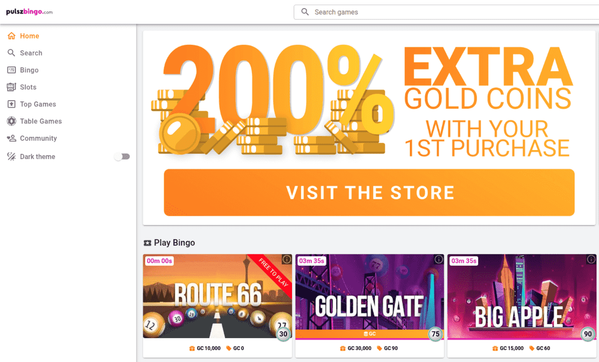 Pulsz Bingo home page