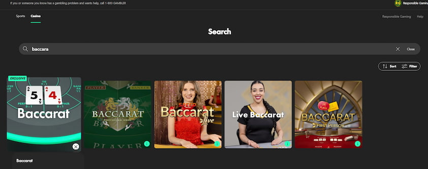 bet365 Baccarat Casino Game Section