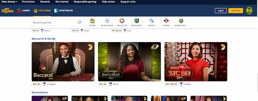 BetRivers Casino Baccarat Game Section