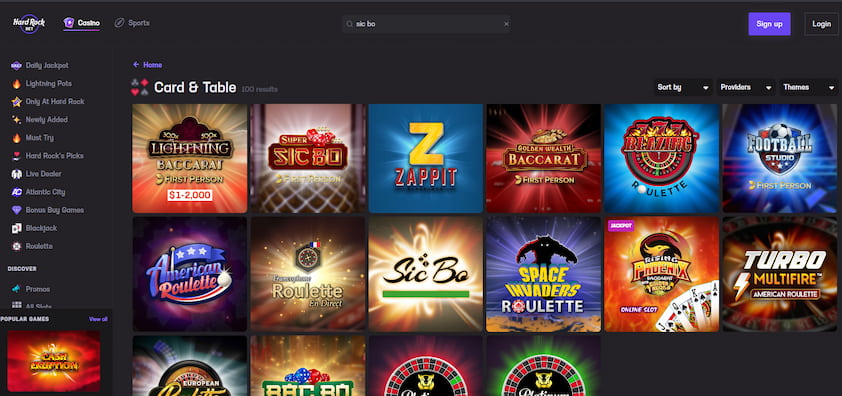 Hard Rock Bet Casino table games including sic bo, baccarat, and roulette