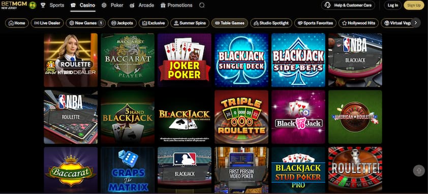 BetMGM Casino table games including sic bo, poker, blackjack, roulette, and baccarat