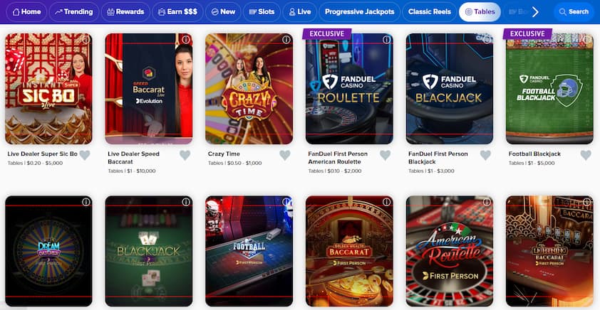 FanDuel Casino table game section with sic bo, blackjack, roulette, and poker