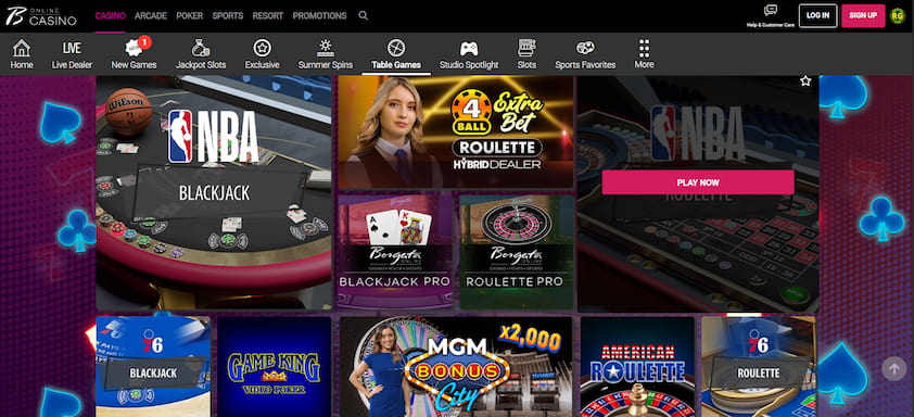 Borgata Casino table games section with sic bo, blackjack, roulette, poker, and more