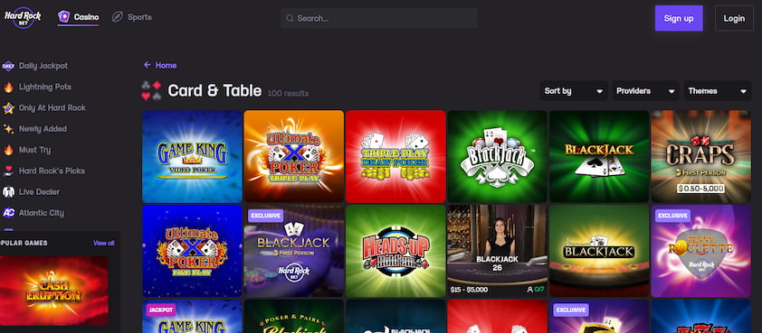 Hard Rock Bet Casino table games section with keno