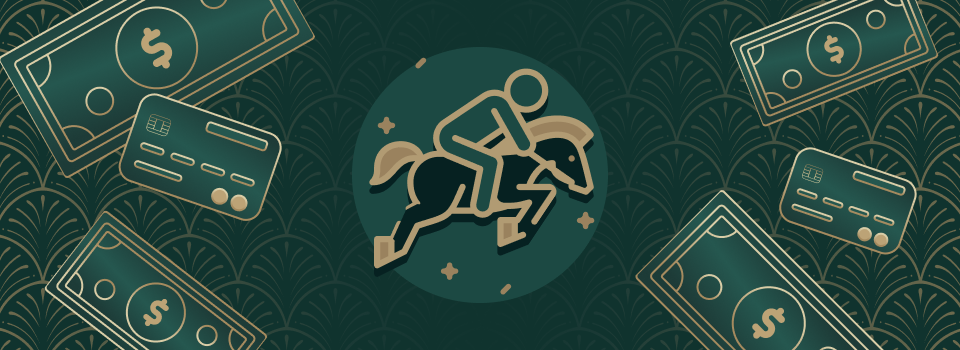 Illustration of live horse race betting with dynamic odds and jockeys on track