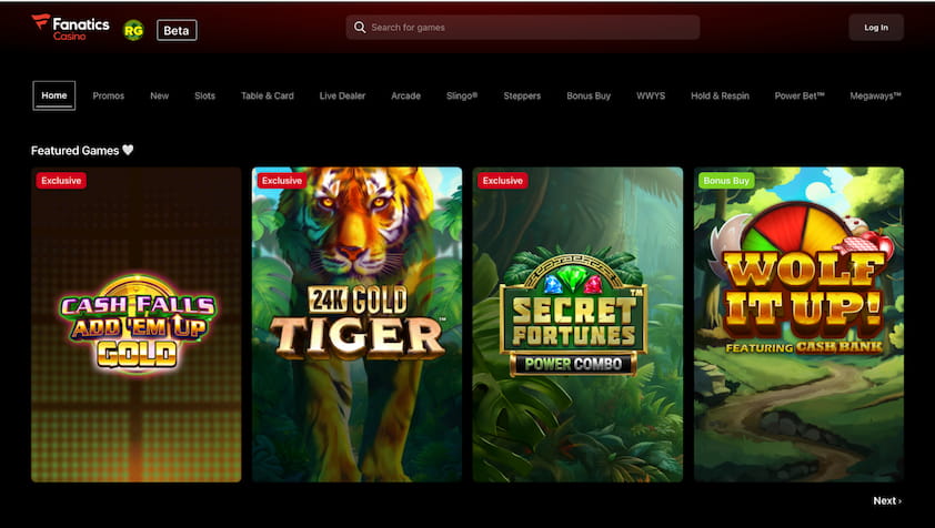Fanatics Casino homepage featuring exclusive online slot games like 24K Gold Tiger and Wolf It Up.